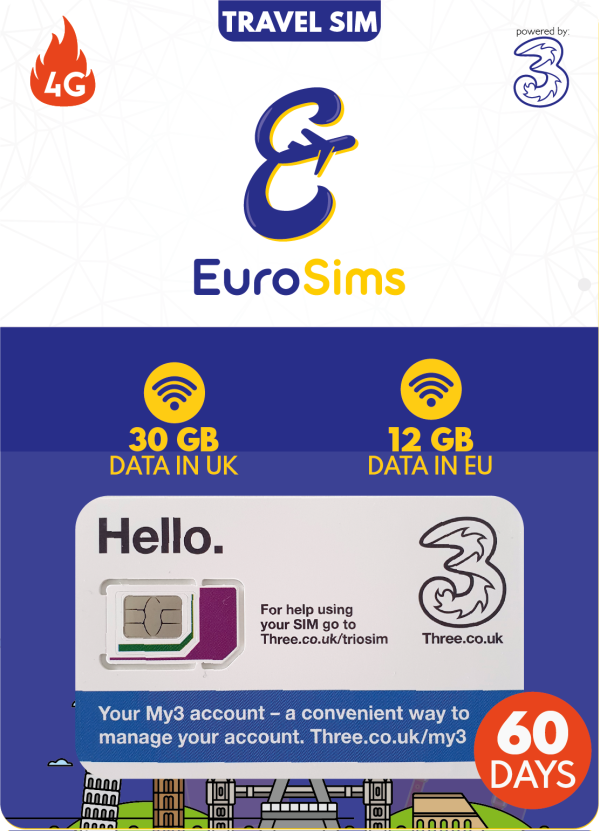 UK & Europe 60 Days Travel SIM Card | 30GB in UK 12GB in EU | Unlimited Calls + Texts | 60 Days | Three UK - Image 2